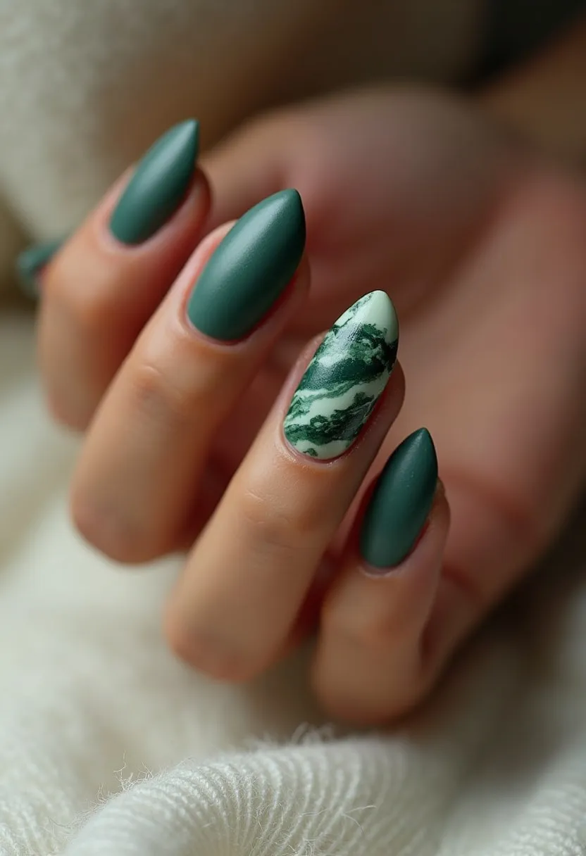 The nail design showcases a sophisticated color palette predominantly featuring a deep matte green hue on most nails, complemented by an accent nail adorned with a marbled pattern in shades of green and white. The nails are shaped into an elegant almond form, emphasizing length and femininity. The detailed marbled accent nail adds an artistic touch, standing out against the matte backdrop. This design suggests the use of gel polish for durability and a smooth finish. The combination of dark green tones with the marble effect is ideal for a winter or autumn theme, adding a touch of elegance and seasonality to the overall appearance.