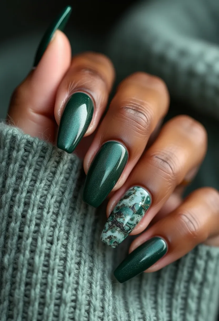 This nail design showcases a rich and sophisticated dark green color palette, with the nails shaped in a long, almond style. The dominant green shade is glossy, indicating a gel or shellac treatment, known for their shiny and durable finish. The accent nail features an intricate marbled pattern, blending shades of green and black with a hint of metallic shimmer, adding a unique and artistic touch to the overall design. This elegant design could be suited for the autumn or winter season, resonating with festive and nature-inspired themes reflective of leaves and evergreen foliage.