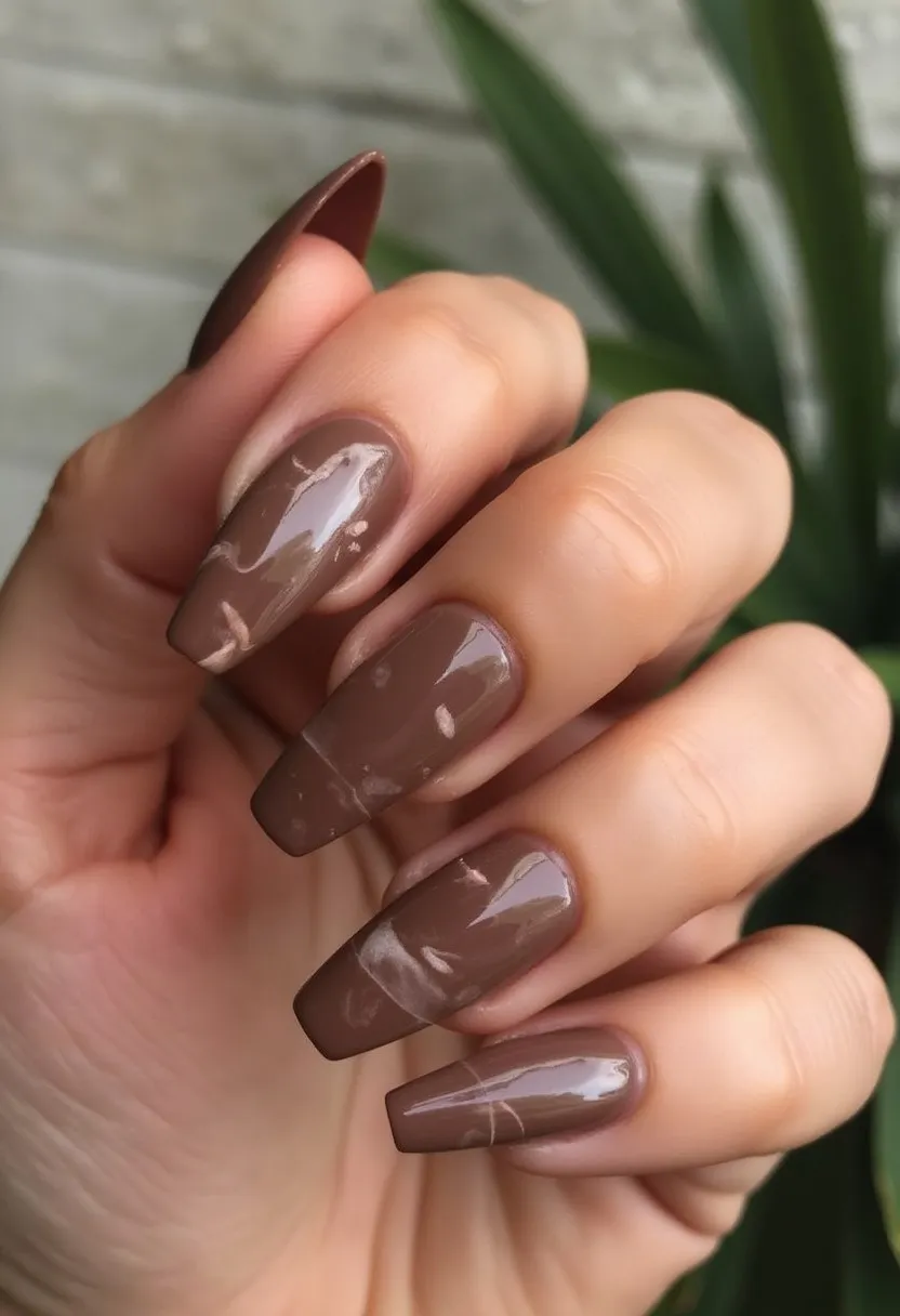 The nail design features a rich brown color palette, predominantly using a warm, earthy brown as the base. This sophisticated shade is complemented by a subtle marbling effect in lighter tones, adding depth and visual interest to the nails. The shape of the nails is a stylish coffin or ballerina, popular for its elongating and elegant look. The nails appear to have been coated with a glossy finish, suggesting a gel treatment that enhances shine and durability. The overall theme is understated yet chic, making it suitable for both daily wear and special occasions, adding a touch of sophistication to any outfit. The design leans towards an autumnal or winter season, with its warm tones and cozy aesthetic.