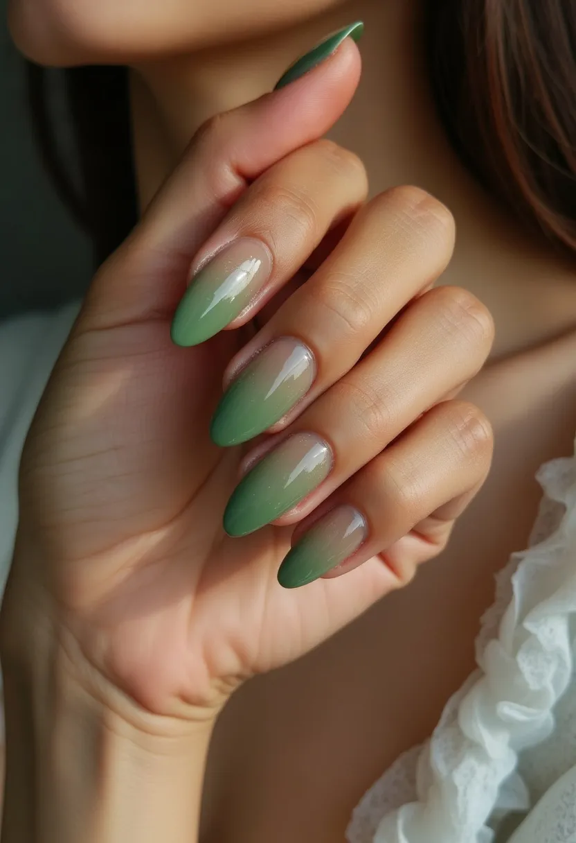 The nail design features a green color palette that transitions from a soft, muted green at the cuticle area to a darker, forest green at the tips, creating an elegant ombré effect. The nails are shaped into a feminine and sophisticated oval or almond shape, which enhances the elegance of the gradient. The finish appears to be smooth and glossy, likely resulting from a gel or shellac treatment, given the high-shine appearance and seamless gradient. This intricate design, with its subtle yet captivating color blend, could be perfect for a spring or nature-inspired theme, exuding a fresh and earthy vibe suitable for seasonal celebrations or simply as an everyday aesthetic choice.