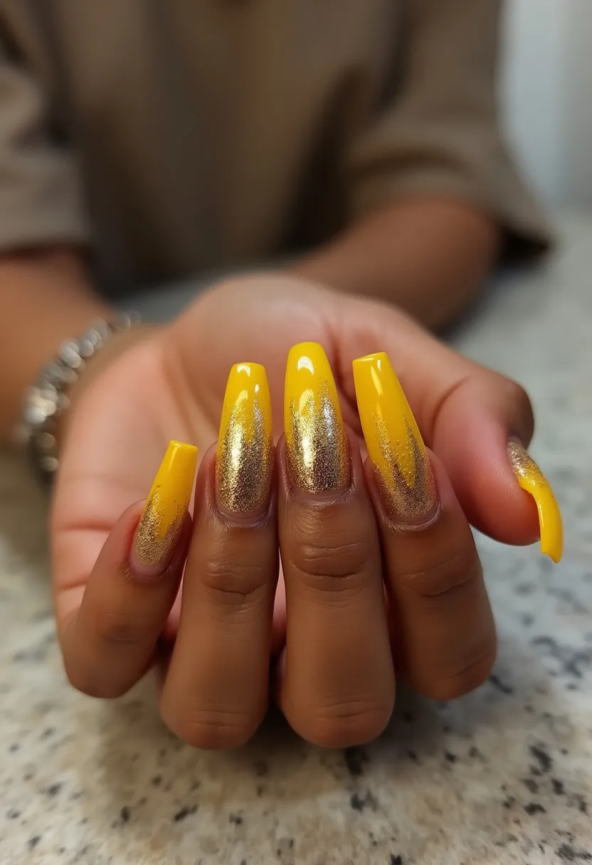 The nail design features a vibrant yellow and gold color palette, creating a striking and eye-catching look. The nails are shaped into long, squared tips, providing a modern and elegant appearance. Intricate patterns adorn the nails, with a gradient effect transitioning from solid yellow at the tips to glittering gold at the base, giving a luxurious and glamorous touch. The use of what appears to be a gel treatment ensures a smooth and glossy finish, enhancing the overall aesthetic. This design would be perfect for a summer theme or a festive occasion, as the bright colors and glitter provide a cheerful and celebratory vibe.