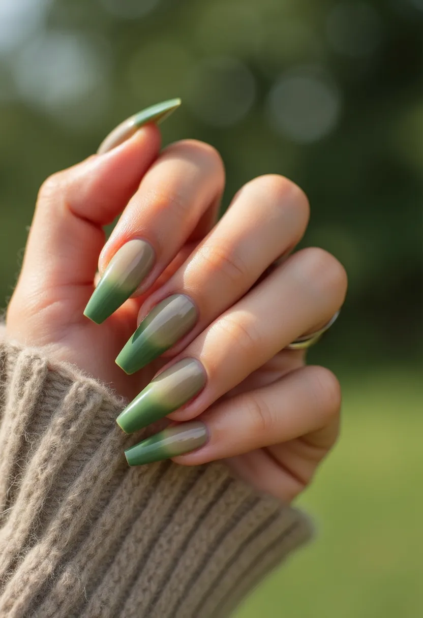 The nail design showcases a lovely gradient effect blending from a soft, earthy beige at the base to a vibrant, forest green at the tips. The nails are medium to long in length and are shaped in a squared-off coffin style, providing a sleek and stylish appearance. The gradient effect offers a smooth transition between the colors, creating a harmonious balance that is both eye-catching and soothing. This nail art appears to be a gel treatment, given the high-gloss finish and seamless gradation, indicative of professional application. The color palette and design elements suggest a subtle, nature-inspired theme suitable for autumn, making it an ideal choice for the fall season or for those looking to embrace a calm, natural aesthetic.