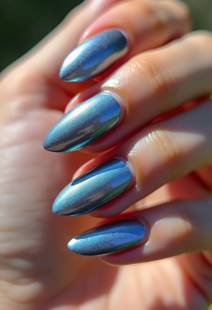 The nail design features long, almond-shaped nails coated in a striking, metallic blue polish that has a chrome-like finish. This reflective, high-shine appearance is likely achieved with a gel treatment to enhance the durability and glossy outcome. The chrome effect provides a seamless look without additional patterns or intricate decorations, highlighting a minimalist yet futuristic aesthetic. The color palette, dominated by the vibrant metallic blue, evokes a cool and modern aura, suitable for both everyday wear and special occasions. The design's sleek and sophisticated nature makes it versatile, appealing to those who prefer clean, polished nails with a contemporary twist.