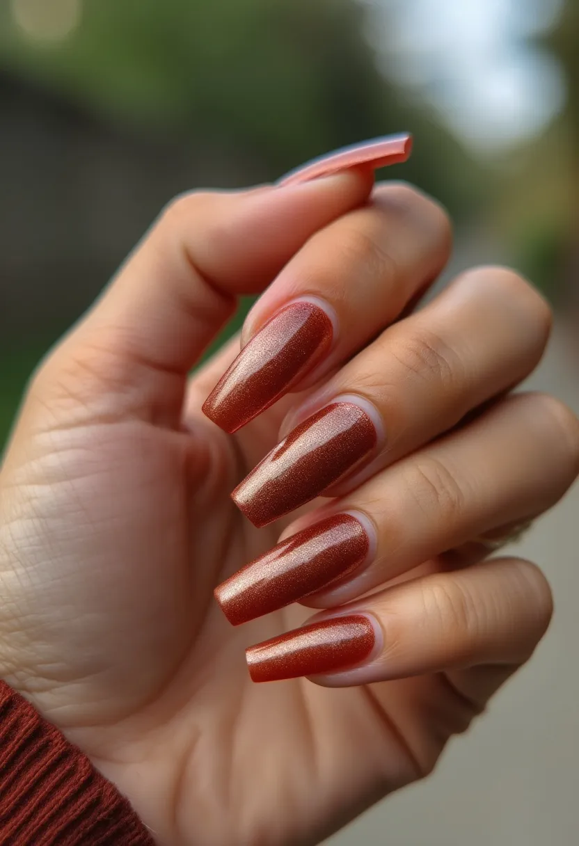 The nail design features a warm, metallic copper color that sparkles slightly under the light, indicating a glittery finish. The nails are long and shaped into a square form, characterized by sharp, straight edges and a flat top. This design appears to use a gel treatment, which is suggested by the glossy, smooth appearance and durability. There are no intricate patterns or additional decorations visible, focusing the attention solely on the rich, autumnal hue of the nails. The color and simplicity of the design make it suitable for fall or for a special occasion that demands a touch of elegance and sophistication.