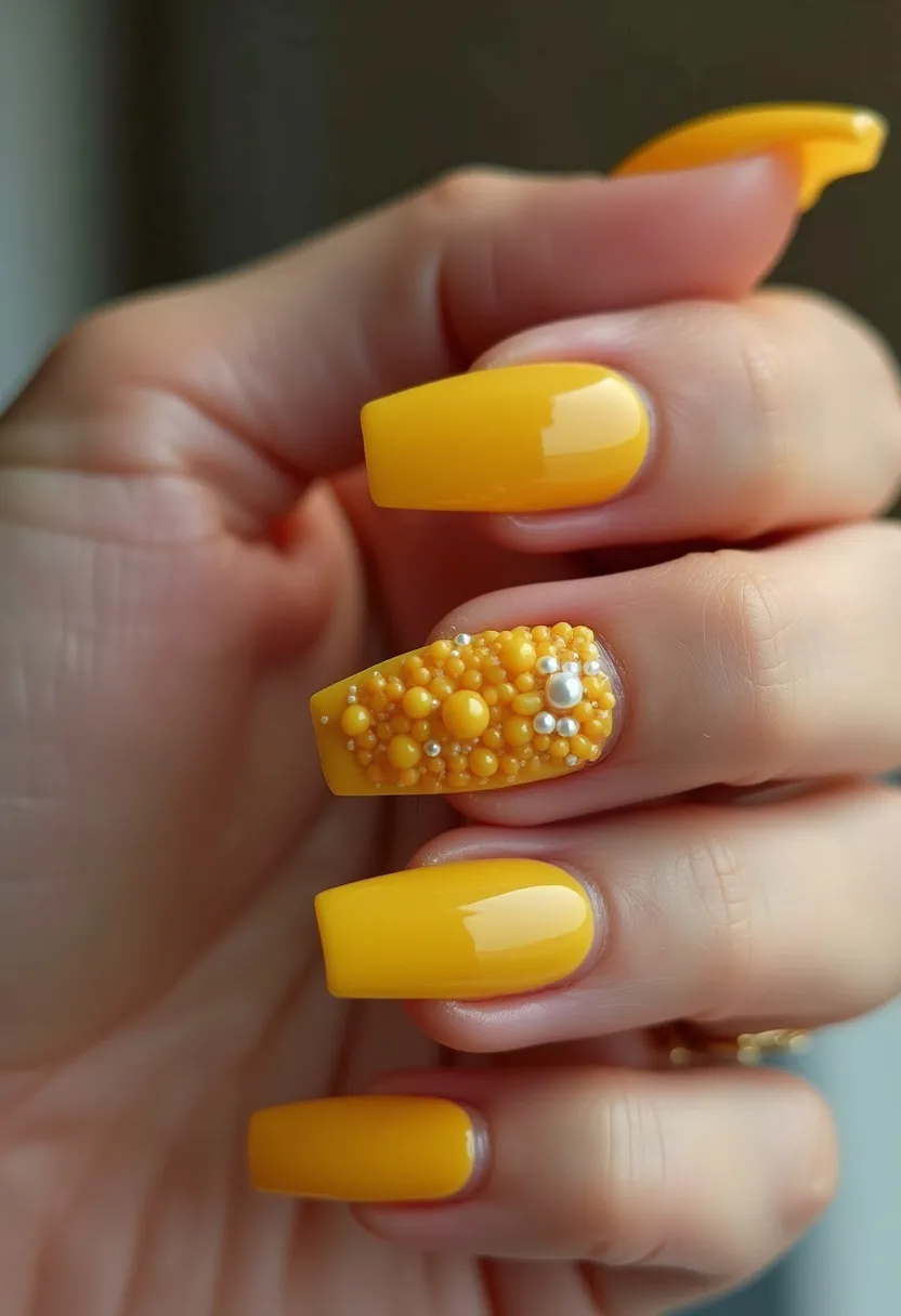 The nail design features a vibrant, sunny yellow color palette that exudes warmth and cheerfulness, perfect for a summer or bright seasonal theme. The nails are shaped in a square or squoval (square with rounded edges) shape, providing a clean and modern look. Most of the nails are painted with a glossy yellow finish, likely achieved with a gel or shellac treatment for a long-lasting and shiny effect. The standout nail is intricately decorated with an array of small beads and pearls in various sizes, predominantly in yellow with a few white accents, creating a textured, three-dimensional art piece. This design could be ideal for special occasions or events where a bold and artistic statement is desired.