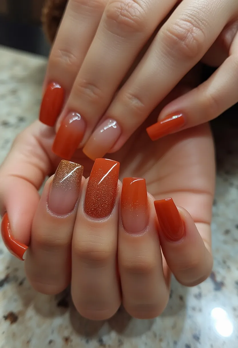 The nail design features a warm, earthy color palette dominated by shades of burnt orange and nude. The nails are medium to long and square-shaped. The design showcases a glossy finish, indicating the use of gel polish. One of the nails on the ring finger stands out with an intricate gradient pattern that transitions from orange to nude, adorned with a shimmering glitter effect that adds a touch of elegance and sparkle. Another nail maintains a minimalistic approach with a sheer nude base and subtle, fine orange gradient. This design is likely inspired by autumnal tones, making it suitable for the fall season, and could be perfect for special occasions such as Thanksgiving or a fall wedding due to its festive yet sophisticated appearance.