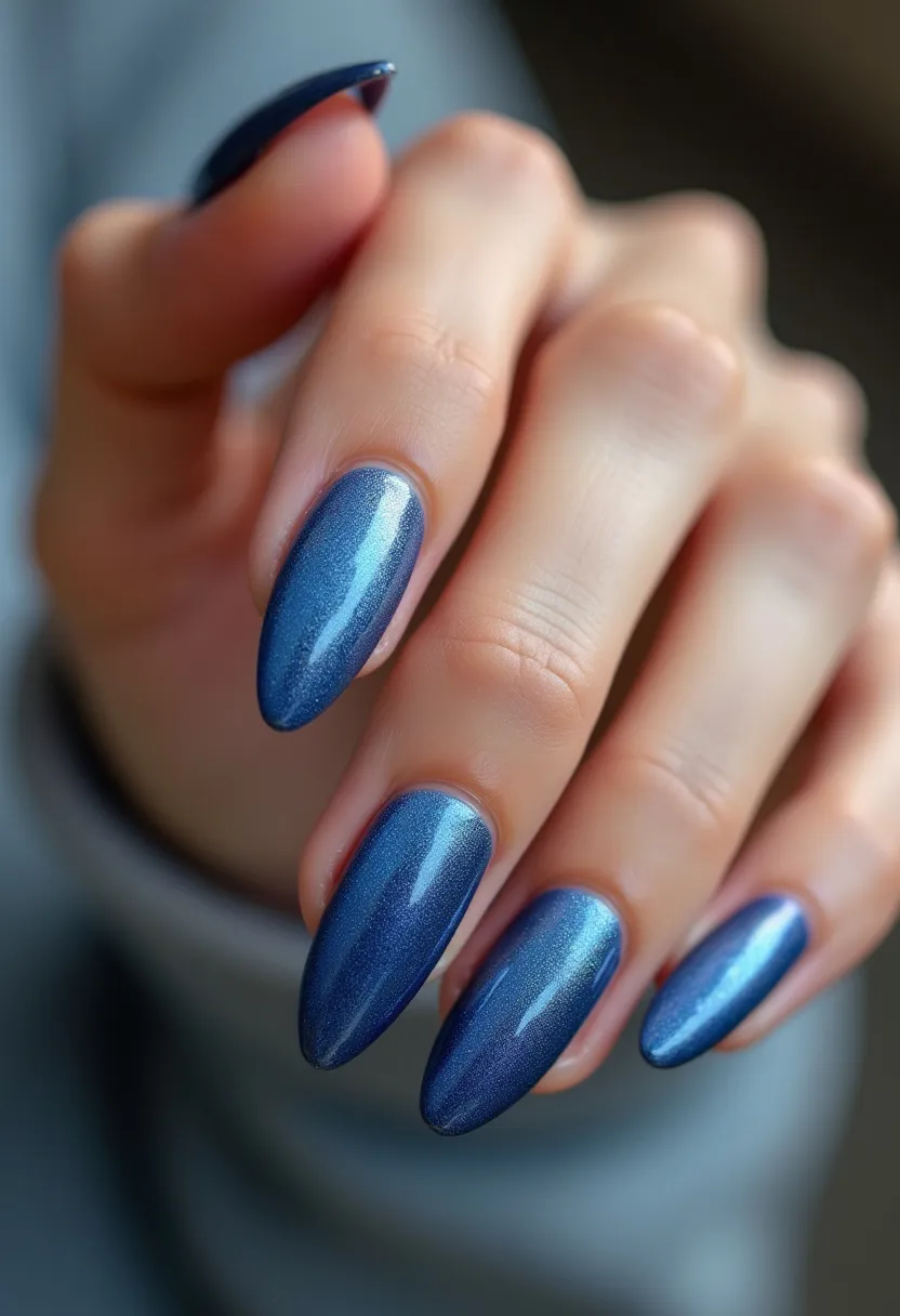 The nails feature a sophisticated design with an elegant, almond shape. The color palette is dominated by a striking deep blue hue with a metallic, shimmery finish, adding a sense of depth and luxury to the look. The choice of treatment appears to be gel, given the high-gloss and smooth finish of the nails. There are no additional intricate patterns or decorations, allowing the mesmerizing blue to capture all the attention. This sleek and polished design could be suitable for both everyday wear and special occasions, contributing to an overall cohesive and refined appearance.