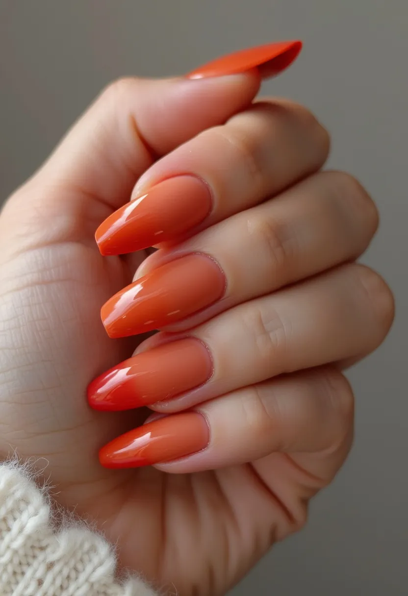 The nail design features a sophisticated blend of warm hues, predominantly showcasing an ombre gradient from a lighter peach tone at the base fading into a deeper, almost burnt orange towards the tip. The nails are shaped in a long, elegant coffin style, providing an elongating effect on the fingers. The manicure appears to be done using gel polish, evident from the high gloss and durability of the finish. This particular color palette, with its rich and warm undertones, is quite fitting for the autumn season, adding a touch of seasonal flair while maintaining a classic aesthetic. The smooth transition of colors reinforces the gradient look without any additional intricate patterns or embellishments, ensuring a clean, stylish, and modern finish.