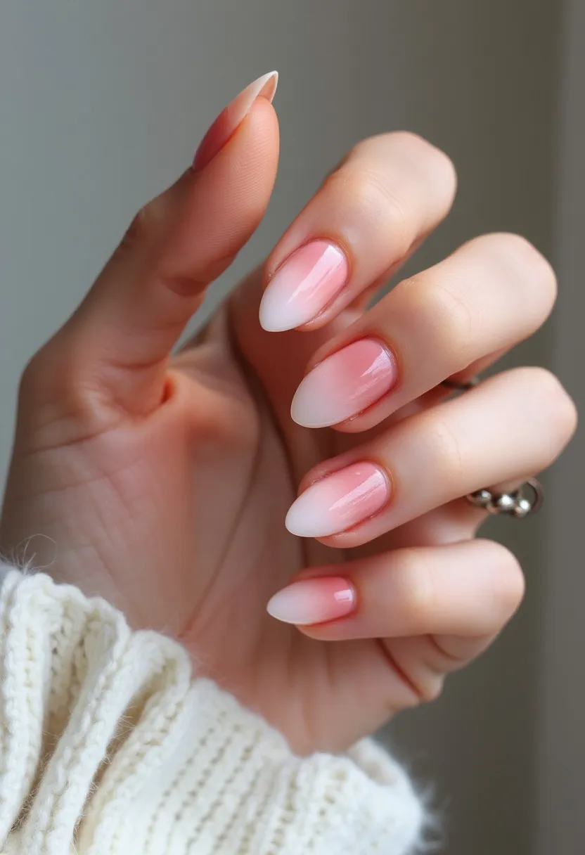 The nail design showcases a beautiful ombre gradient transitioning from a gentle pink near the cuticles to a soft white at the tips. The nails are shaped into a stiletto form, providing a sleek and elongated appearance. The treatment appears to be gel nails, given the high gloss and smooth finish. The polished look is elegant and versatile, suitable for various occasions, from everyday wear to special events. The subtle and sophisticated design, with its delicate color palette and refined shape, is ideal for late winter to early spring themes, bringing a fresh and clean aesthetic.