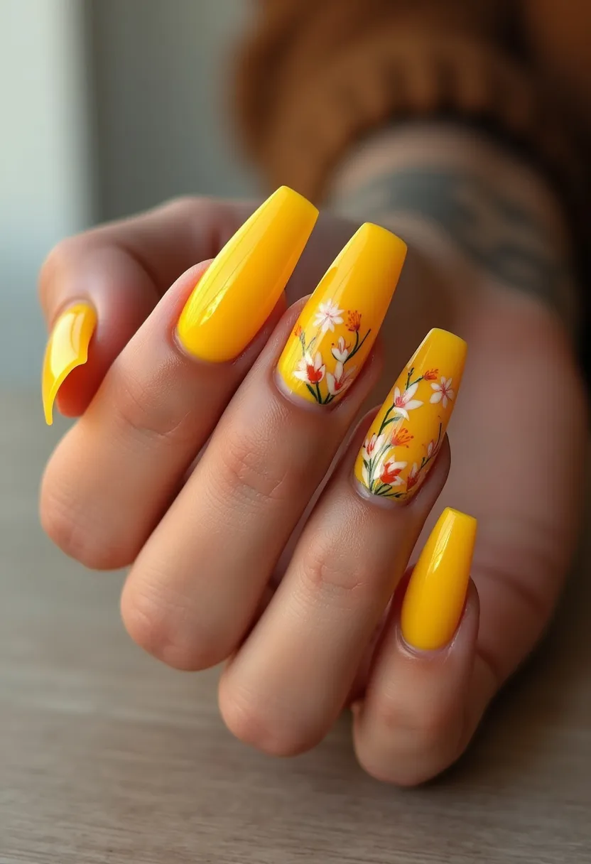 The nail design features long, coffin-shaped nails adorned with a vibrant yellow color palette. The ring and middle fingers showcase intricate floral patterns with small, delicate white and orange flowers and green leaves, creating a cheerful and fresh look. These nails appear to have a gel treatment due to their smooth and glossy finish. The overall design is suitable for spring or summer, evoking feelings of warmth and blooming flowers typical of these seasons. This manicure might be perfect for a special occasion like a wedding or garden party, adding a touch of elegance and joy to the wearer's appearance.