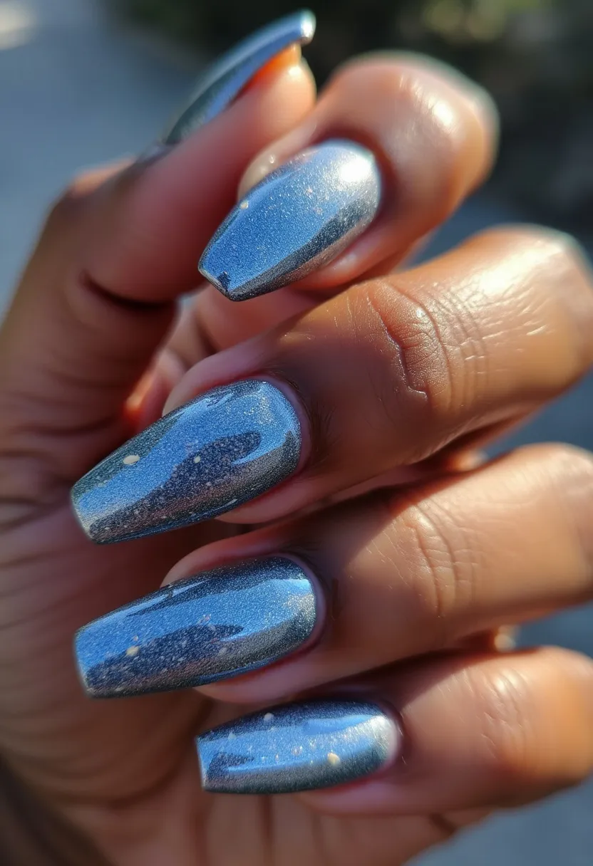 The nail design features a striking metallic blue color palette, with a reflective and glossy finish that suggests a gel or shellac treatment. The nails are shaped in a long, squared-off style, giving them a sophisticated and modern look. Subtle, sporadically placed small white dots enhance the design, adding a unique decorative element without overpowering the sleekness of the metallic blue. The overall look is clean and polished, suitable for special occasions or as a bold everyday statement. The design radiates an icy, winter-inspired theme, making it fitting for the colder seasons.