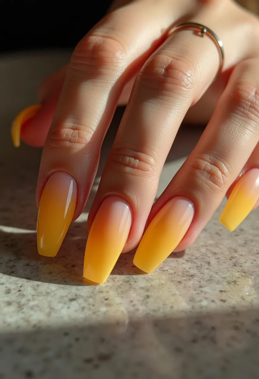 The nail design features an elegant ombre effect with a warm color palette transitioning smoothly from a pale, natural base near the cuticle to a vibrant yellow at the tips. The nails are almond-shaped, slightly rounded at the edges, and appear to be medium-long in length. This style has a glossy finish, indicative of a gel or shellac treatment, which enhances the vividness of the colors and adds a sleek, polished look. The design is clean and minimalist without any intricate patterns or additional decorations, emphasizing the gradient effect. This nail art suits a bright, sunny season like summer, adding a cheerful and lively touch to the overall appearance.