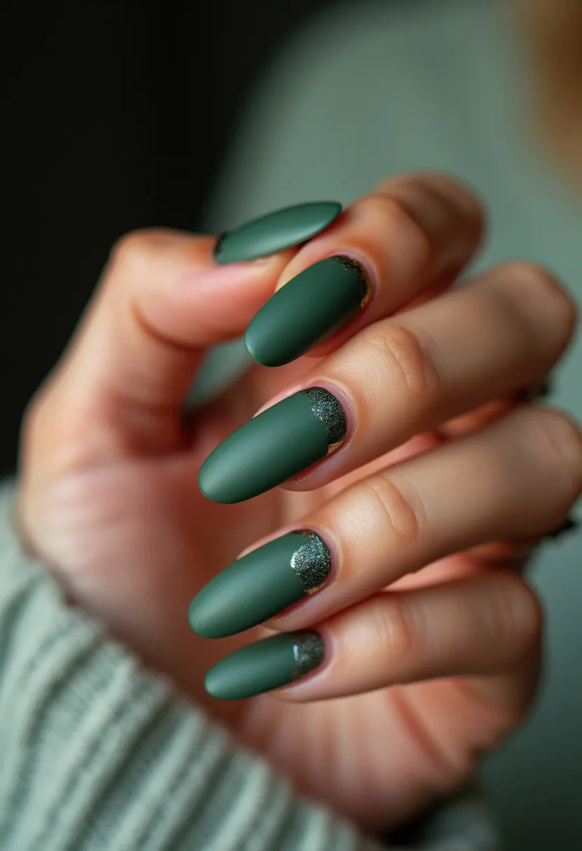 The nail design features a sophisticated, matte dark green color palette, ideal for a chic and modern aesthetic. The nails are shaped into smooth, elongated ovals, offering a refined and elegant look. Intricate accent details include subtle glittery accents near the base of each nail, creating a slight ombre effect that transitions from glitter to matte green. These accents lend a touch of sparkle without overpowering the overall design. The treatment appears to be shellac, contributing to the nails' smooth, durable finish. The muted green and glitter combination suggests a theme that could suit the winter season or special events, blending understated elegance with a hint of festive shimmer.