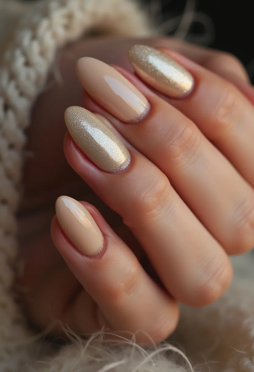 This nail design features a sophisticated color palette that includes shades of nude and gold. The nails are almond-shaped, providing a sleek and elegant look. The design includes a combination of solid nude-colored nails and nails with a shimmering gold finish. The use of gold on some nails adds a festive and glamorous touch. Given the glossy and smooth finish, it appears that a gel or shellac treatment has been used to achieve this look. The design is versatile and can be suitable for various special occasions, and it also holds a subtle festive vibe, making it ideal for holiday celebrations or formal events.