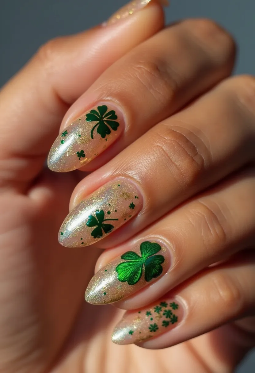 This nail design features a festive St. Patrick's Day theme. The nails are almond-shaped and have a glossy, iridescent gold base color. Intricate decorations of green shamrocks in various sizes are scattered across all the nails, with some nails featuring single large shamrocks and others adorned with smaller ones. The overall effect is celebratory and thematic, showcasing high attention to detail and a cohesive color palette of gold and green. The finished look appears to be achieved with gel polish, giving it a smooth, shiny finish that enhances the festive appearance.