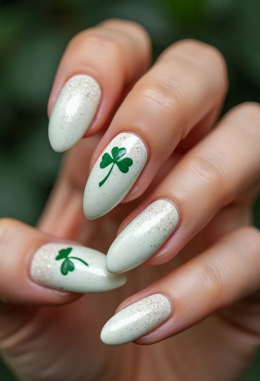 The nail design features a soft, creamy white base color with a subtle shimmering effect, suggesting a gel or dip powder treatment. The nails are shaped in an elongated almond style, providing an elegant and sophisticated look. Intricate green shamrock patterns are delicately painted on a couple of the nails, adding a touch of charm and thematic element, likely inspired by St. Patrick's Day or springtime celebrations. The shimmering effect on the base color complements the green shamrocks, enhancing their vibrancy and ensuring the design feels festive and refined.