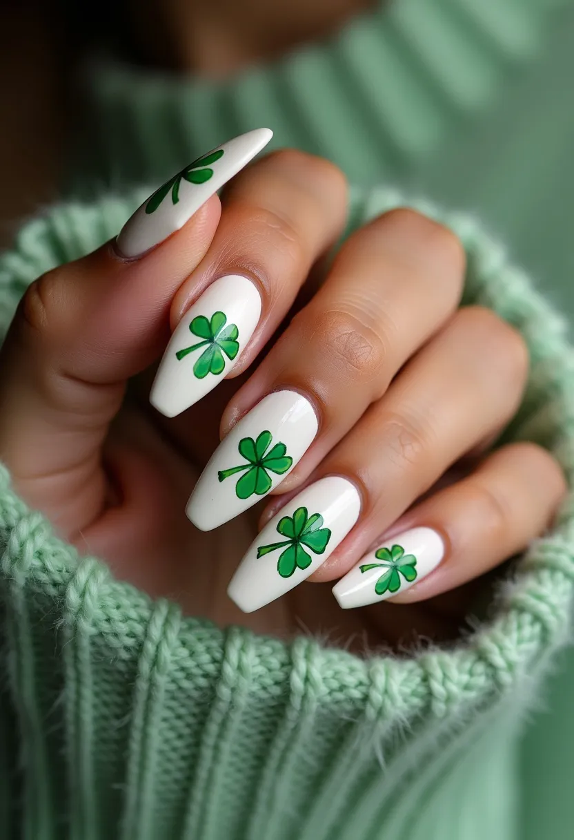 This nail design features a cohesive color palette, predominantly showcasing a white base paired with green detailing. The almond-shaped nails are adorned with intricate patterns of four-leaf clovers, skillfully rendered in various shades of green to add depth and contrast against the pristine white background. The artwork suggests a gel nail treatment, given the glossy and smooth finish. The clover design hints at a seasonal theme of St. Patrick's Day, exuding a festive and celebratory vibe. The combination of simple yet elegant colors and distinct patterns makes the nails a standout feature.