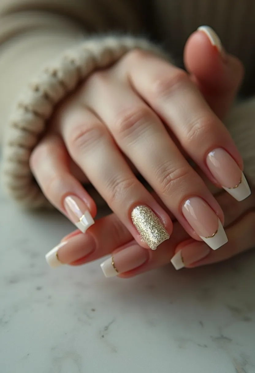 This nail design showcases a sophisticated and elegant appearance with a square shape. The color palette predominantly features a classic French manicure style with a nude or pale pink base color and white tips. An intricate detail is introduced with a gold line at the base of the white tips, adding a touch of luxury to the design. The ring finger, however, stands out with a full glittery gold nail, creating a striking contrast and drawing attention as an accent nail. This combination suggests the use of gel or acrylic nail treatment due to the high gloss and smooth finish. The overall design is suitable for special occasions or events, adding a festive or celebratory touch to the nails.