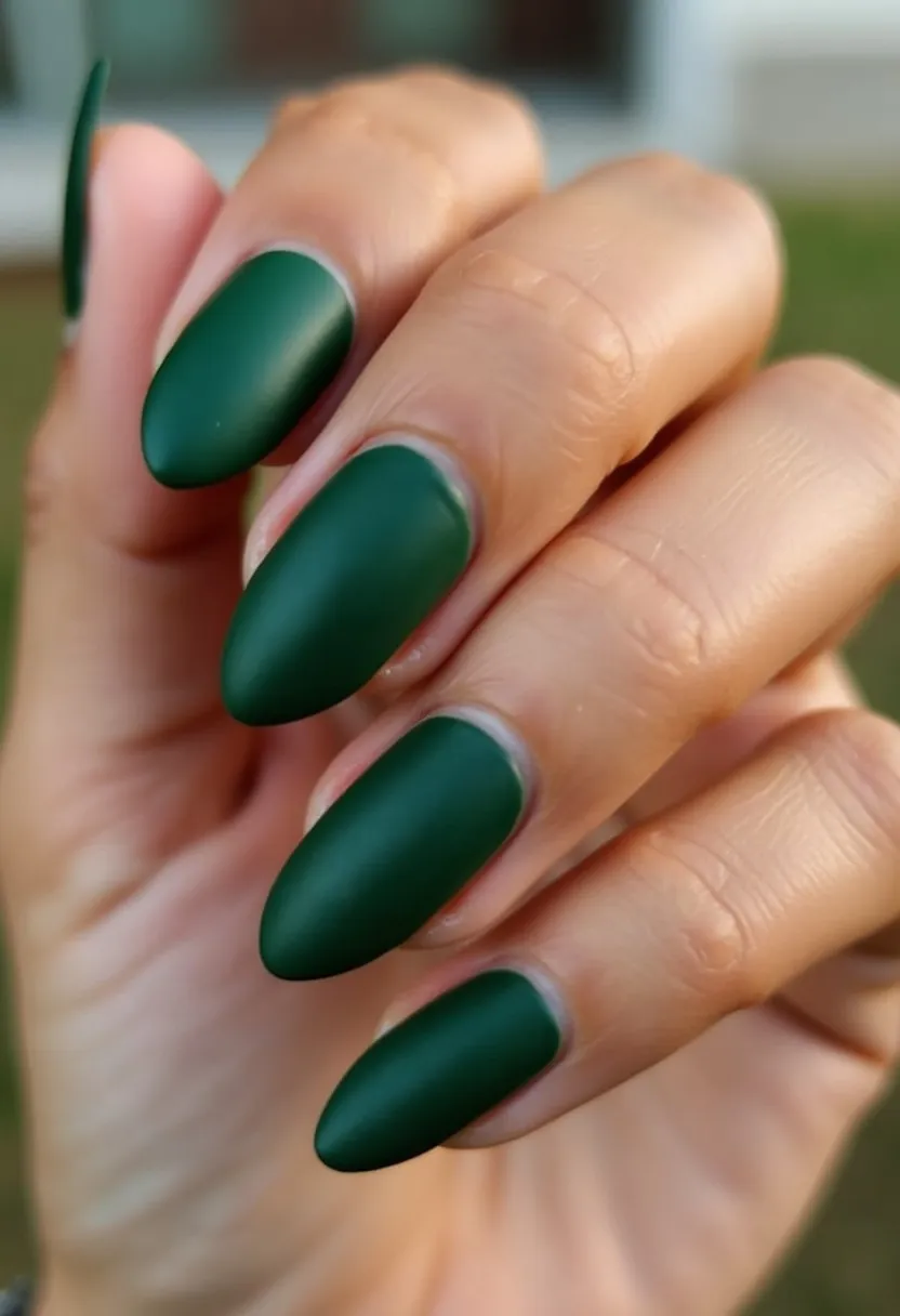 The nail design features an elegant almond shape, painted in a rich, forest green color with a matte finish. The solid green serves as the sole color palette, bringing a subtle and sophisticated look to the nails. These appear to be treated with a gel polish, offering a smooth, even application indicative of quality nail care. The design is minimalistic with no additional patterns or decorations, making it suitable for everyday wear or understated special occasions. The deep green hue lends itself well to fall or winter themes, aligning with seasonal color trends.