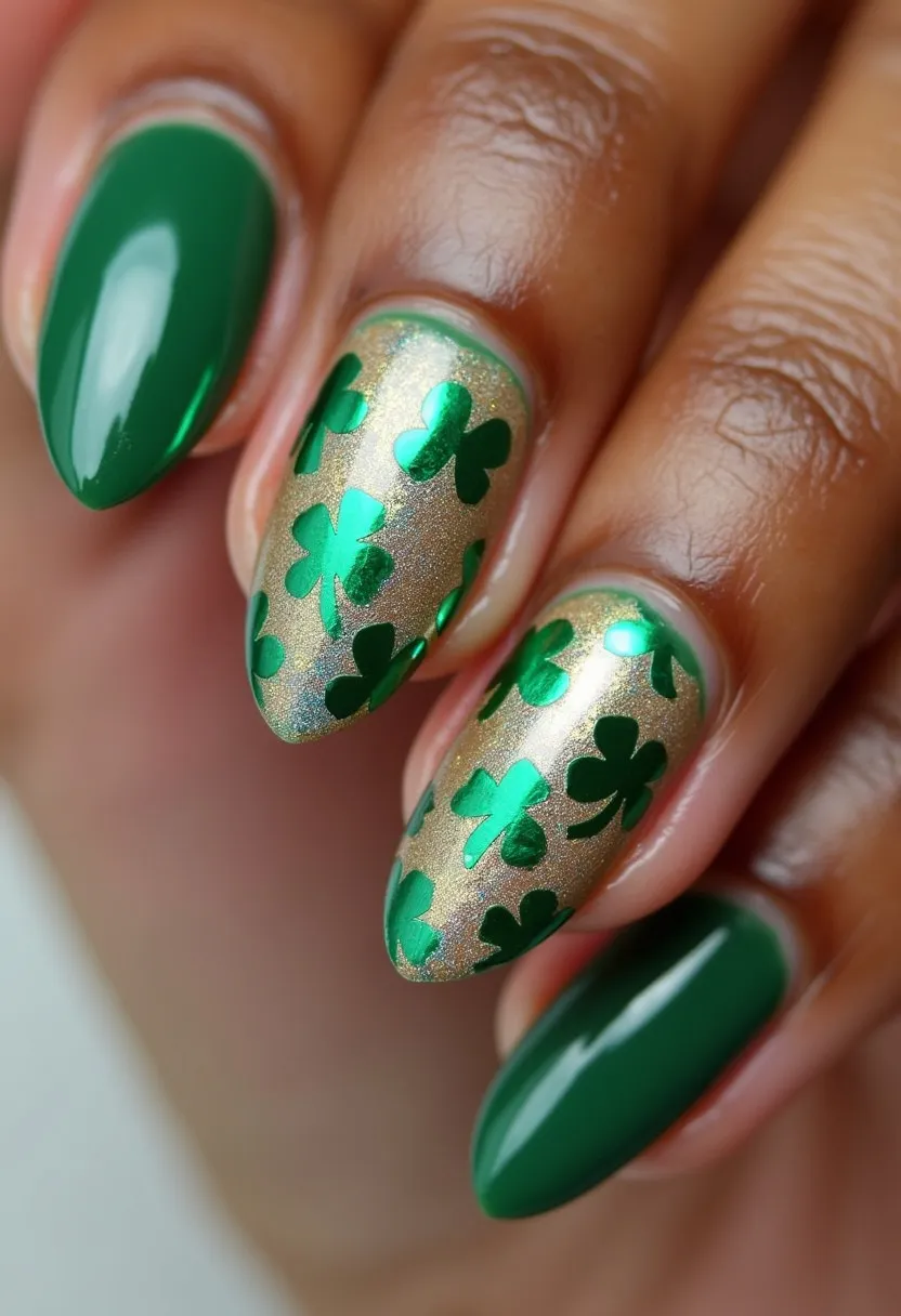 The nail design features a vibrant and festive color palette centered around green and gold. The nails are almond-shaped, providing an elegant canvas for the design. Two of the nails are painted in a solid, glossy green hue, while the other nails showcase a shimmering gold base with intricate green shamrock patterns, celebrating a St. Patrick's Day theme. The intricate design likely involves gel polish, given the glossy finish and detailed art. This festive and striking design is perfect for celebrating the Irish holiday with style and flair.