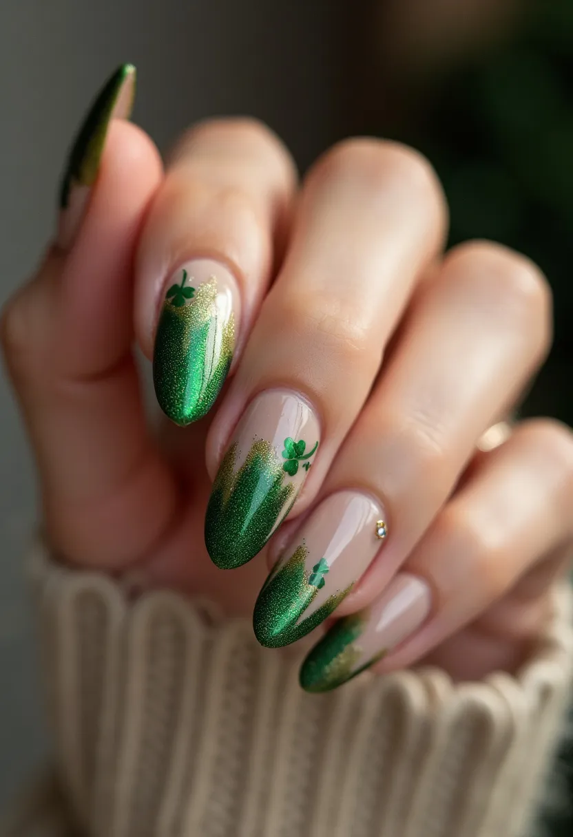 The nail design features almond-shaped nails with a sophisticated color palette, predominantly utilizing shades of green and gold on a natural base. The intricate pattern includes a gradient of shimmery green transitioning from the tips towards the middle, blending softly into pale gold accents. This creates a visually pleasant ombré effect. Each nail is embellished with small, meticulously placed shamrock decals, which add a festive element suitable for a St. Patrick's Day theme. The surface appears glossy and smooth, indicative of a gel treatment that provides a long-lasting finish. The overall design is elegant and celebratory, suitable for a special occasion involving festive cheer and a hint of glamour.