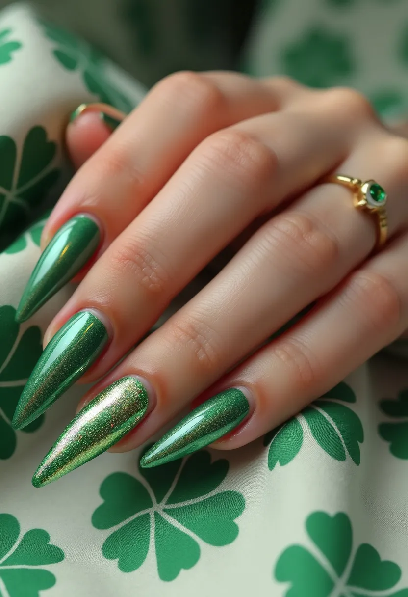 This nail design features an elegant and festive look with a primary emerald green color palette that exudes vibrancy and sophistication. The nails are shaped into a sharp stiletto style, enhancing their dramatic and fashionable appearance. Each nail is polished with a glossy finish, likely suggesting a gel treatment for its shine and durability. One nail stands out with a glimmering gradient effect that transitions from emerald green to a lighter, sparkling gold, adding a touch of glamour. This design hints at a seasonal or special occasion theme, possibly celebrating St. Patrick's Day, considering the use of emerald green and the shimmer reminiscent of gold. The intricate and shimmering details make these nails perfect for a spirited and festive celebration.