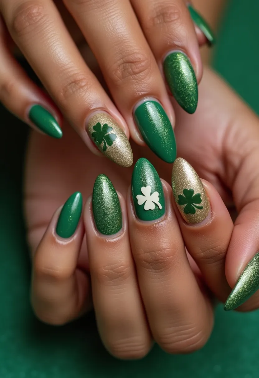 The nail design features an almond shape and incorporates a festive color palette primarily consisting of green and gold hues. Most nails are painted in a rich, glossy green, while some alternate with a shimmery gold. Intricate decorations include shamrock patterns, which suggest a St. Patrick's Day theme. The designs exhibit a mix of solid green nails and green nails with glitter, enhancing the festive look. Gold nails showcase green shamrock decals, and the green nails feature white shamrock decorations. The finish appears to be achieved with gel polish, providing a smooth, shiny surface. The cohesive and celebratory design is well-suited for seasonal St. Patrick's Day celebrations.