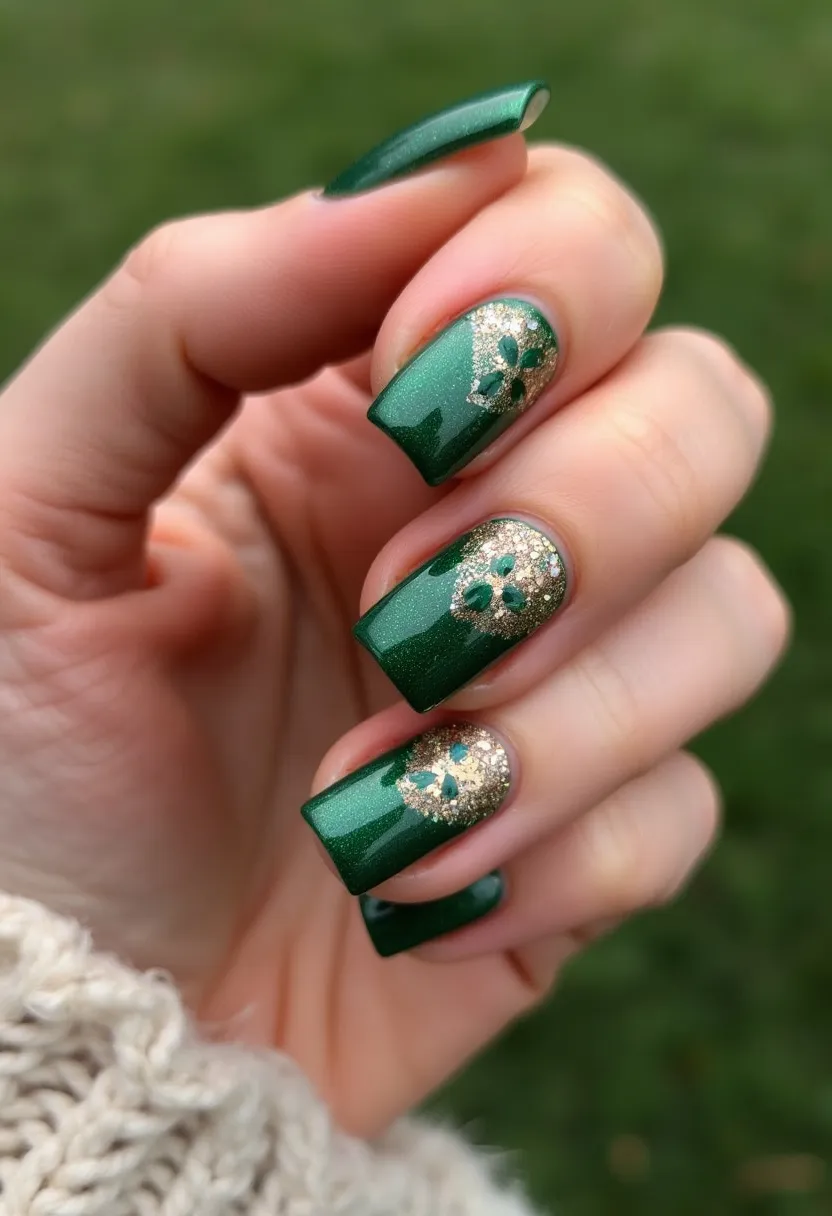 The nail design features a stunning green palette with a glossy, metallic finish, indicating a possible gel treatment for its smooth and lustrous appearance. The nails are shaped into a medium-length square form, providing a modern and stylish silhouette. Intricate details include a glittery gold half-moon near the cuticles, which is complemented by a small floral motif made up of green petals. The combination of green and gold, along with the floral patterns, suggests a design suited for a festive or holiday occasion, possibly evoking an elegant and celebratory theme.