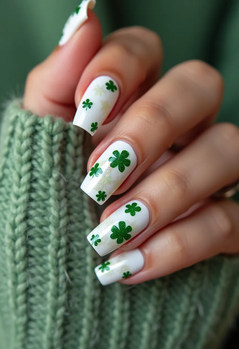 The nail design features a square-shaped nail, with a color palette dominated by a crisp white base. Accentuated with sparkling emerald green shamrock motifs, this design exudes a festive and lively theme ideal for St. Patrick's Day. The green shamrocks are intricately patterned, with some varying in size to add visual interest. The application appears to be done with gel polish, given the high-gloss finish and vivid color intensity. Subtle hints of gold shimmer are also visible, adding a touch of elegance and depth to the overall appearance. This nail art is perfect for celebrating the onset of spring and St. Patrick's Day festivities.