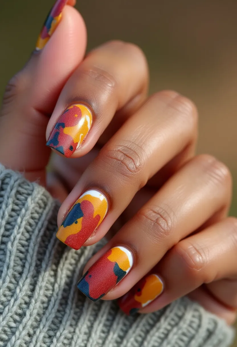 The  nail  design  features  a  woman's  fingernails  with  a  colorful,  abstract,  and  artistic  pattern.  The  nail  color  palette  consists  of  red,  orange,  and  yellow,  creating  a  vibrant  and  eye-catching  look.  The  nails  are  shaped  in  a  natural,  oval  shape,  and  the  nail  treatment  appears  to  be  a  gel  or  acrylic  application.  The  intricate  pattern  on  the  nails  adds  a  unique  and  creative  touch  to  the  overall  design,  making  it  stand  out  as  a  distinctive  and  artistic  expression.