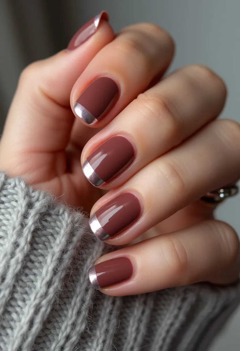 The  nail  design  features  a  maroon  or  burgundy  nail  polish  on  the  fingernails.  The  nails  are  shaped  in  a  natural,  oval  shape.  The  nail  treatment  appears  to  be  a  regular  nail  polish,  as  there  are  no  visible  signs  of  gel,  acrylic,  shellac,  or  dip  treatments.  The  design  is  simple  and  elegant,  with  no  intricate  patterns  or  decorations.