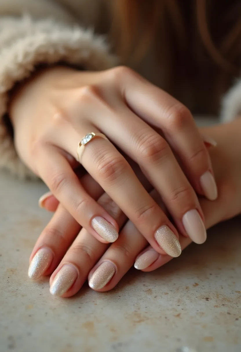 The  woman  in  the  image  has  her  nails  painted  with  a  gold  and  white  color  palette.  The  nails  are  shaped  in  a  natural,  oval  shape.  The  nail  treatment  appears  to  be  a  regular  nail  polish,  as  there  are  no  visible  signs  of  gel,  acrylic,  shellac,  or  dip  treatments.