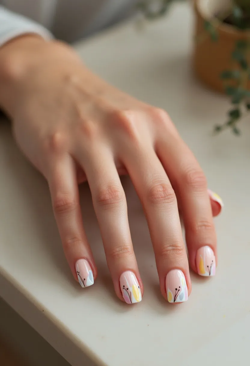 This nail design features a soft, pastel color palette with hues of pale pink, yellow, and baby blue on a base of sheer, natural light pink. The nails are shaped into a short, rounded square and appear smooth and glossy, indicating the use of gel treatment. Each nail showcases a minimalist floral design, with delicate leaf shapes and fine black stems and dots which suggest buds, giving a whimsical garden-like appearance. This design is intricate yet subtle, suitable for a springtime theme, evoking a fresh and delicate feel appropriate for seasonal celebrations or casual occasions where a touch of elegance is desired.