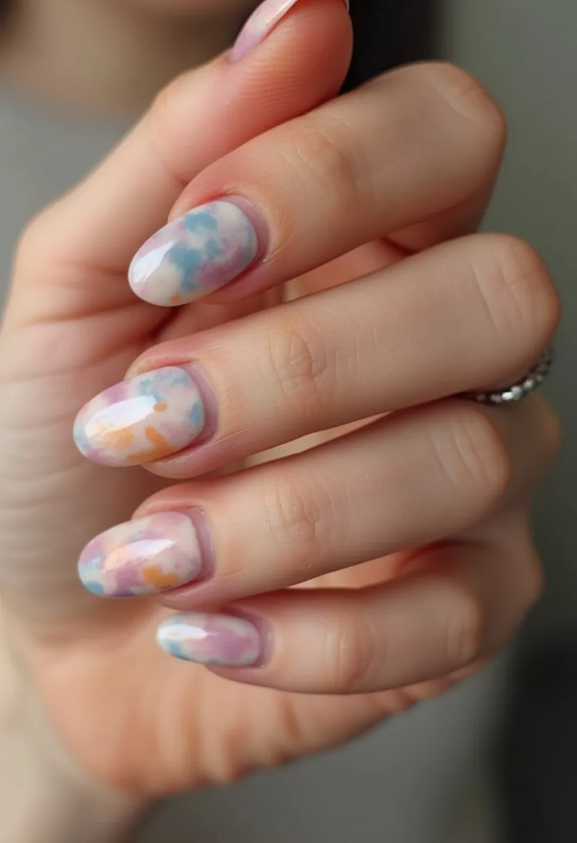 The  nail  design  features  a  white  base  with  a  colorful  pattern,  including  shades  of  blue,  orange,  and  pink.  The  nails  are  shaped  in  a  square  shape,  giving  them  a  unique  and  modern  appearance.  The  nail  treatment  appears  to  be  a  gel  or  acrylic,  as  it  is  well-defined  and  has  a  smooth  finish.  The  design  is  likely  inspired  by  the  spring  season,  as  the  colors  and  patterns  are  vibrant  and  lively,  which  are  often  associated  with  this  time  of  year.