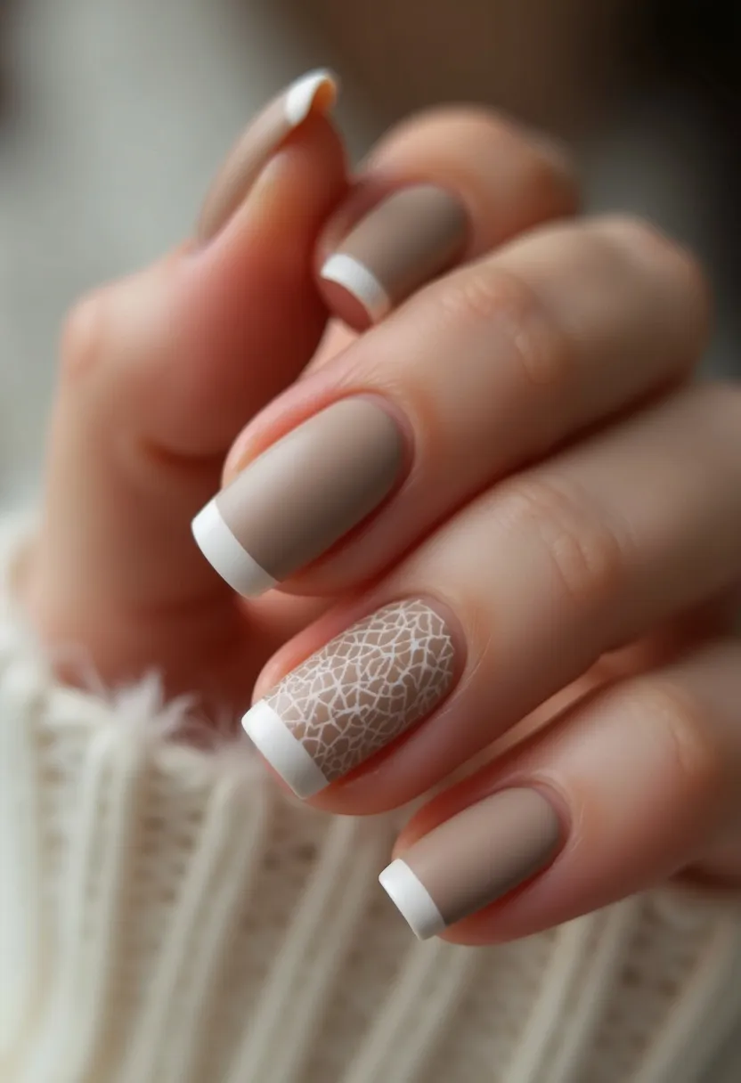 The  nail  design  features  a  neutral  color  palette,  with  a  combination  of  beige  and  white  nails.  The  nails  are  shaped  in  a  square  shape,  giving  them  a  unique  and  modern  appearance.  The  nail  treatment  appears  to  be  a  gel  or  acrylic,  providing  a  smooth  and  long-lasting  finish.  The  intricate  pattern  on  the  nails  consists  of  a  lace  design,  adding  a  touch  of  elegance  and  sophistication  to  the  overall  look.  The  nail  design  is  suitable  for  everyday  wear  and  can  be  easily  paired  with  various  outfits  and  styles.