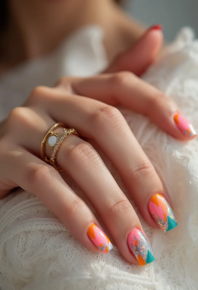 The  nail  design  features  a  pink,  blue,  and  orange  color  palette,  with  a  unique  combination  of  colors  that  create  a  visually  appealing  and  eye-catching  look.  The  nails  are  shaped  in  a  way  that  complements  the  color  scheme,  and  the  overall  design  is  likely  achieved  using  gel  nail  treatment.  The  intricate  patterns  and  decorations  on  the  nails  add  a  touch  of  creativity  and  personal  style  to  the  design,  making  it  stand  out  as  a  special  occasion  or  seasonal  theme.