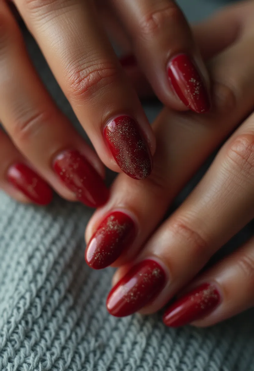 The  nail  design  features  red  nail  polish  with  a  glittery  finish,  giving  the  nails  a  festive  and  elegant  appearance.  The  nails  are  shaped  in  a  pointed,  almond  shape,  which  adds  a  touch  of  sophistication  to  the  overall  look.  The  nail  treatment  appears  to  be  a  gel  or  acrylic  nail,  as  they  are  well-defined  and  have  a  smooth,  polished  finish.  The  glittery  red  nail  polish  and  the  almond  shape  of  the  nails  suggest  that  this  design  may  be  inspired  by  a  holiday  or  special  occasion,  such  as  Valentine's  Day  or  a  New  Year's  celebration.