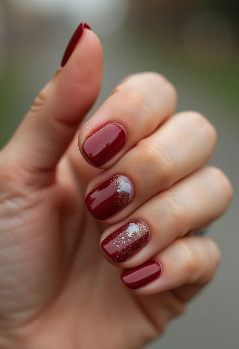 The  nail  design  features  a  maroon  or  burgundy  nail  polish  with  a  gold  or  silver  glitter  on  top.  The  nails  are  long  and  have  a  slightly  curved  shape.  The  nail  treatment  appears  to  be  a  gel  or  acrylic  nail,  as  it  has  a  smooth  and  shiny  finish.  The  combination  of  the  maroon  or  burgundy  color  and  the  gold  or  silver  glitter  creates  a  luxurious  and  elegant  appearance,  suitable  for  special  occasions  or  seasonal  themes.