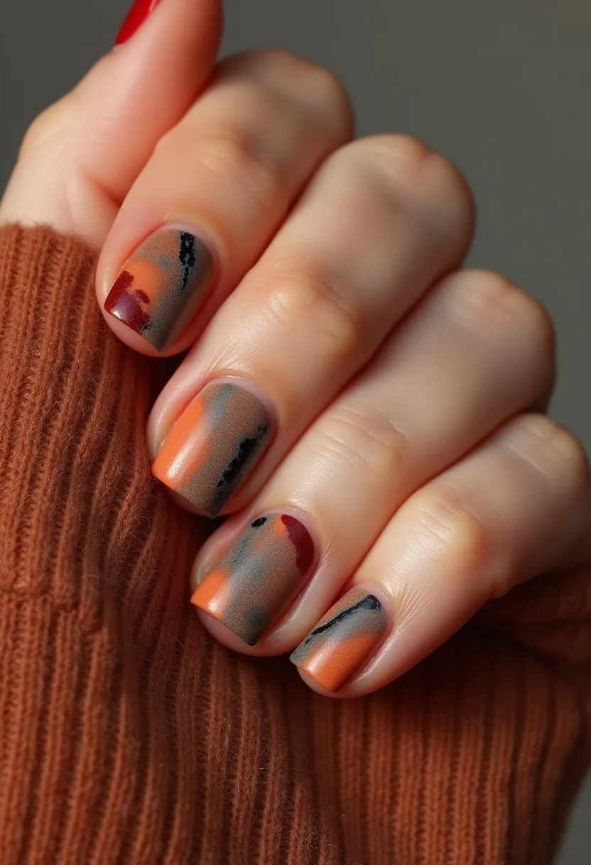 The  nail  design  features  a  combination  of  orange  and  gray  colors,  with  the  orange  color  being  more  prominent.  The  nails  are  shaped  in  a  square  shape,  giving  them  a  unique  and  modern  appearance.  The  nail  treatment  used  is  acrylic,  which  is  known  for  its  durability  and  ability  to  hold  intricate  designs.  The  nails  are  painted  with  a  combination  of  orange  and  gray  colors,  creating  a  visually  appealing  and  eye-catching  look.