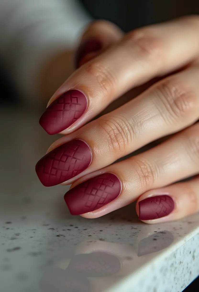 The  nail  design  features  a  maroon  or  burgundy  color,  with  a  unique  pattern  that  resembles  a  diamond  or  a  crisscross  pattern.  The  nails  are  long  and  have  a  slightly  curved  shape.  The  nail  treatment  appears  to  be  a  gel  or  acrylic  nail,  as  it  has  a  smooth  and  polished  finish.  The  intricate  design  and  the  choice  of  color  make  the  nails  stand  out  and  look  stylish.