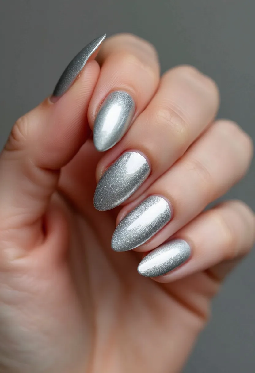 This nail design features a sophisticated metallic silver color palette that emits a sleek and shiny appearance. The nails are shaped into a stiletto or pointed style, enhancing the elegance and elongation of the fingers. The polish appears to be a shellac or gel type, providing a glossy and durable finish. The reflective quality of the silver shade lends a futuristic and modern appeal, making it suitable for special occasions such as holiday parties or New Year's celebrations. The uniform application and smooth texture of the polish showcase a professional touch, with no additional intricate patterns or decorations present.