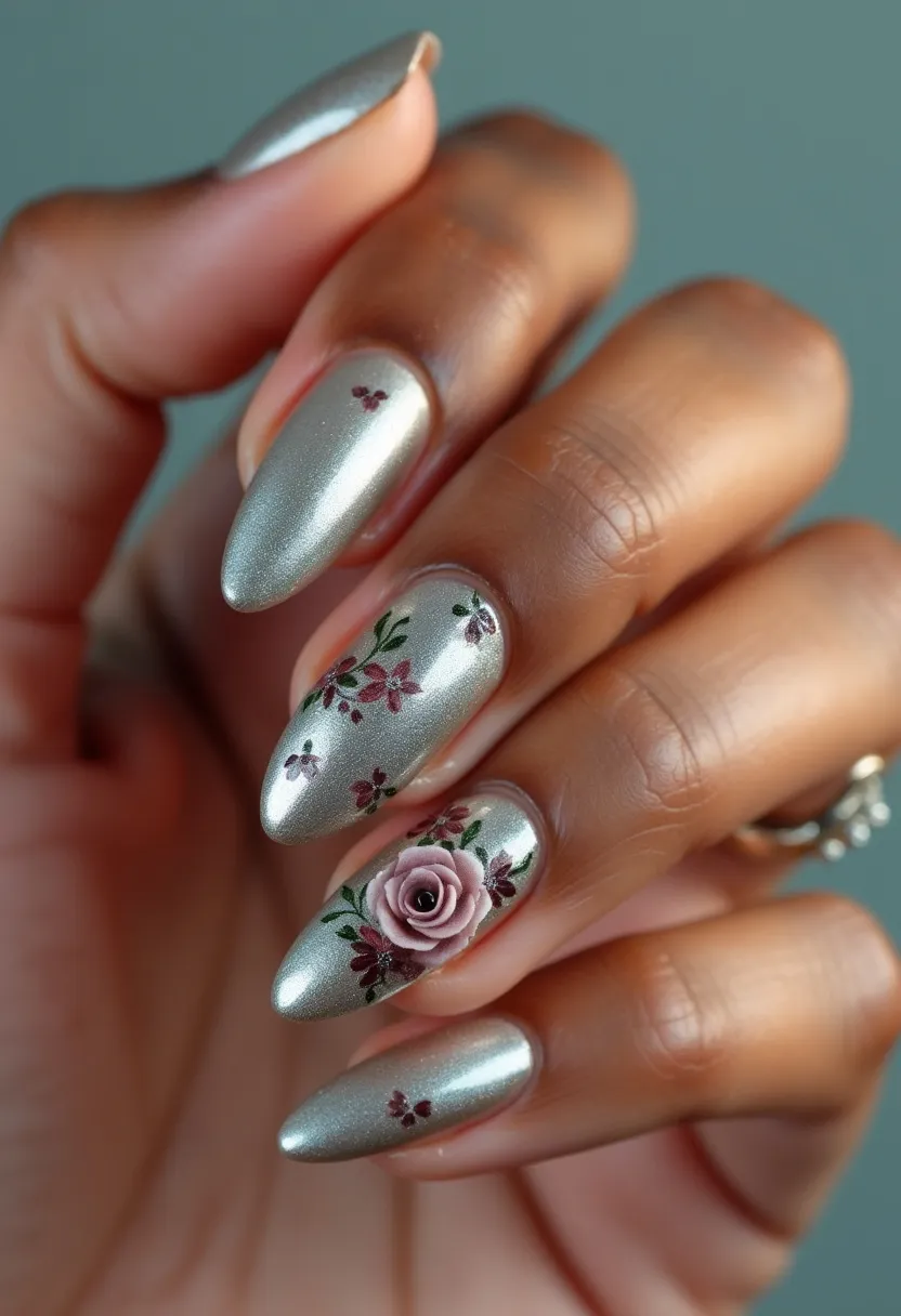 This nail design features a sophisticated, metallic silver color palette with medium to long, almond-shaped nails, showcasing a sleek and elegant appearance. The nails incorporate intricate floral patterns, including delicate red and pink blossoms with green stems, adding a feminine touch. A standout feature is the three-dimensional pink rose on one nail, which adds texture and depth to the design, hinting at a possible gel or acrylic nail treatment to achieve its raised effect. The floral motifs suggest a romantic or springtime theme, making them suitable for special occasions like weddings or spring celebrations.