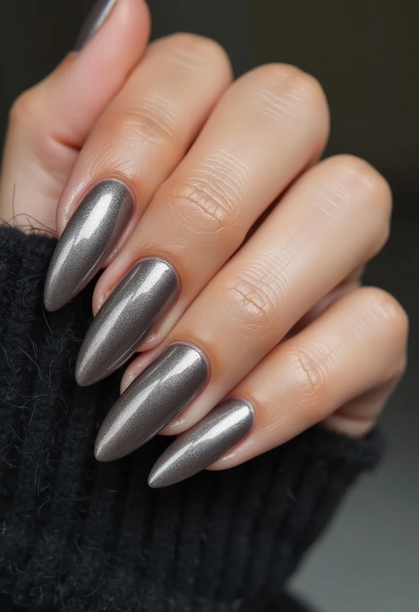 The nail design features a striking metallic silver color palette, giving the nails a sleek, reflective appearance. The nails are shaped in a long, sharp-pointed stiletto style, which enhances their dramatic and elegant look. The finish appears to be smooth and high-gloss, indicative of a gel or shellac nail treatment that provides durability and shine. The design is simple yet sophisticated, devoid of additional patterns or decorations, focusing purely on the bold metal hue. The overall effect is modern and chic, suitable for both everyday wear and special occasions, particularly during the winter season due to its cool, metallic tone.