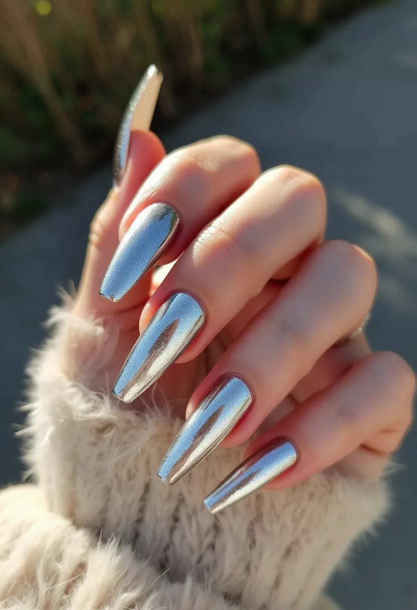 The nail design features a striking chrome silver finish with a highly reflective, mirror-like effect. The nails are long and shaped in a tapered square style, creating a modern and edgy look. The treatment appears to be either gel or acrylic, given the smooth and flawless application typical of these methods. The minimalist nature of the design, combined with the metallic sheen, suggests a contemporary and sophisticated aesthetic ideal for festive occasions or as an eye-catching everyday style. The high-shine silver evokes a winter or holiday theme, reminiscent of icy elegance or New Year’s Eve celebrations.