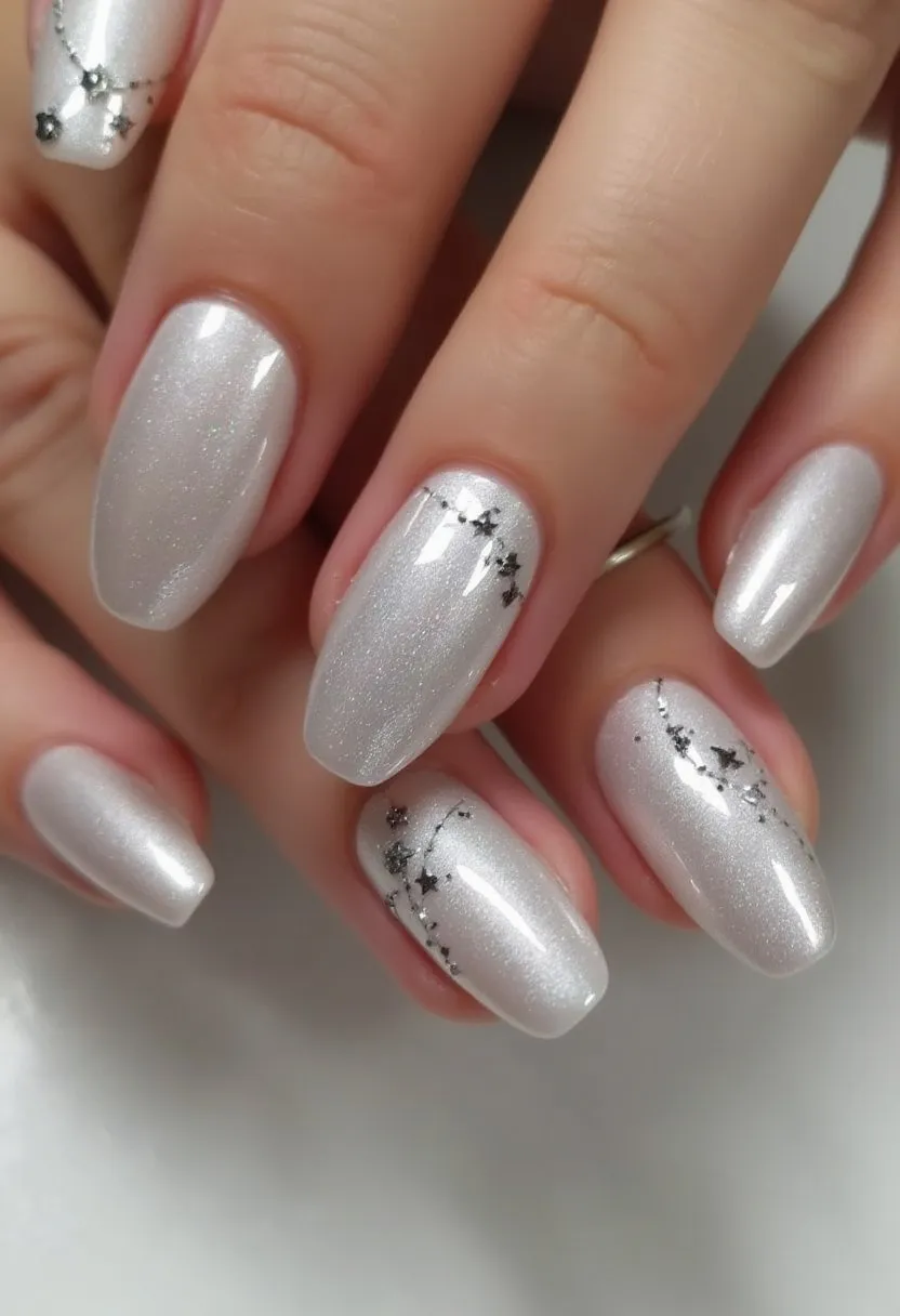 This nail design features a delicate, shimmery silver base color, creating a soft and elegant appearance. The nails are shaped in a medium-length oval form, adding to their refined look. Intricate patterns of small black stars linked by dotted lines adorn a few of the nails, adding a touch of whimsy and fantasy to the design. The treatment appears to be gel, given the high-gloss finish and smooth surface. This design has a celestial or winter theme, making it suitable for special occasions such as holiday parties or evening events. The overall look is sophisticated with a subtle hint of playfulness.