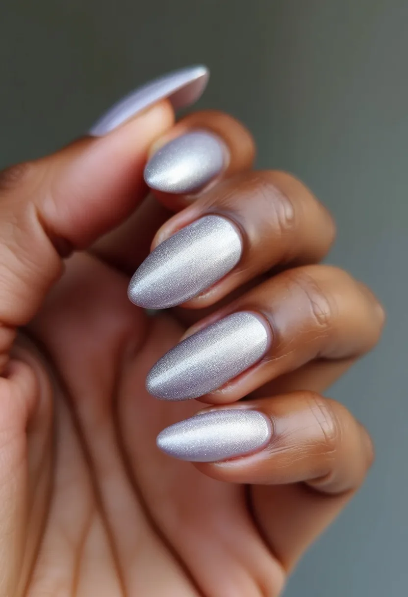 This nail design features a striking metallic silver color palette, giving off a sophisticated and modern vibe. The nails are shaped into a sharp almond form, creating an elongated and elegant look for the hand. There aren't any added decorations or intricate patterns, allowing the metallic sheen of the polish to be the centerpiece of the design. The finish appears to be either a high-quality gel or shellac treatment, contributing to the smooth and glossy appearance. This minimalist yet eye-catching design is perfect for special occasions or to add a touch of glitz to everyday style.