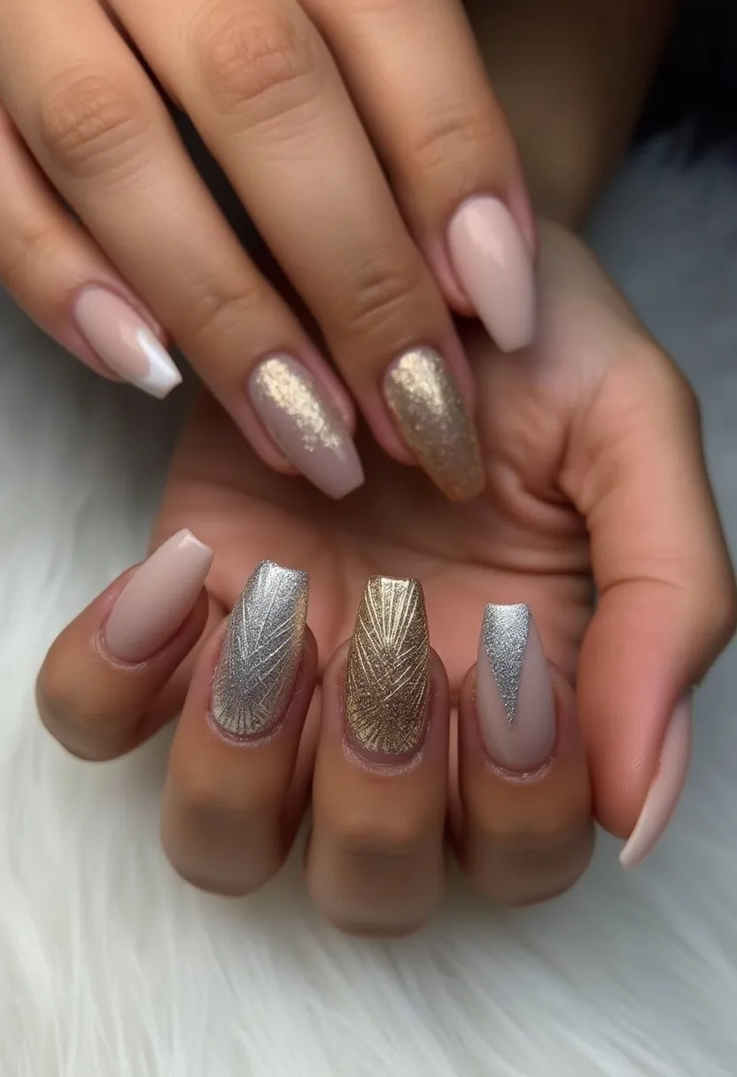 The nail design features a sophisticated color palette of nude, gold, silver, and white, with each nail presenting a unique design. The nails appear to have a coffin or ballerina shape, stylishly elongated with a squared-off tip. Some nails are adorned with glittery gold and silver finishes, adding a touch of glamour, while others are painted in a nude base with sleek, metallic detailing that showcases fine, intricate patterns resembling geometric or art deco designs. One nail displays a classic French tip with a white edge. The overall treatment looks like a combination of acrylic and gel polish, providing a durable and glossy finish. This intricate and elegant look is suitable for a festive season or a sophisticated event, where a touch of elegance and shimmer is desired.