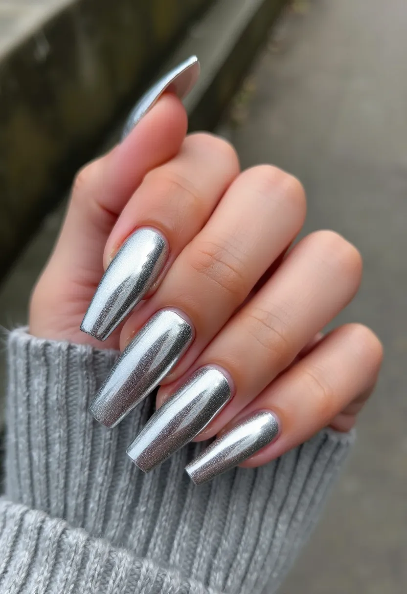 The nail design features a striking metallic silver color palette, giving the nails a reflective and eye-catching appearance. The nails are sculpted in a long, coffin shape which elongates the fingers and adds a touch of elegance. The finish appears to be a smooth, mirror-like chrome effect, likely achieved through a gel treatment to ensure a glossy and durable result. The simplicity of the design is offset by its boldness, making it suitable for both everyday wear and special occasions such as parties or holiday celebrations. The metallic sheen adds a futuristic and trendy vibe to the overall look, making it a standout choice for anyone looking to make a statement with their nails.