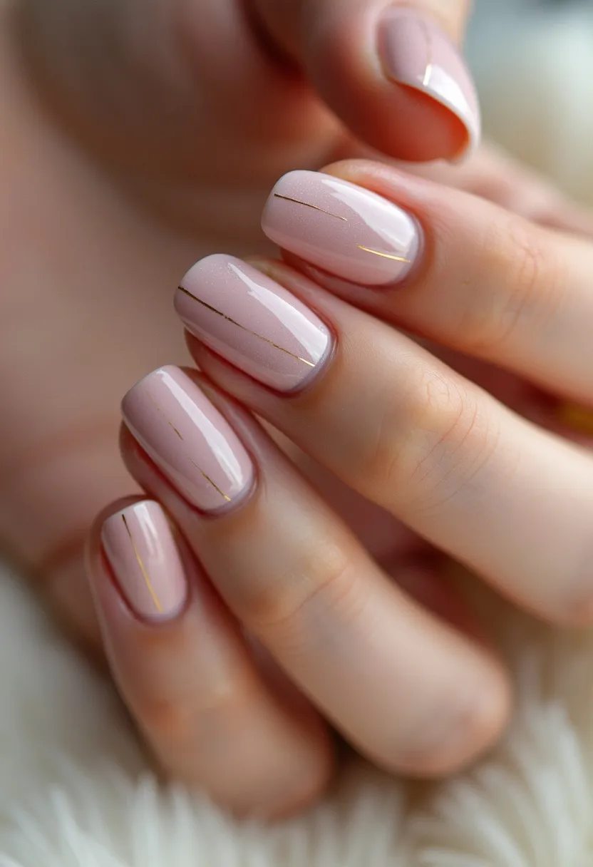 The nails boast a soft and elegant design, featuring a nude pink color palette that exudes a subtle, sophisticated charm. The nails are almond-shaped, lending a refined and elongating effect to the fingertips. Intricate patterns adorn the nails in the form of fine, delicate gold lines strategically placed to add a touch of minimalist glamour. The nails appear to be treated with a high-gloss gel polish, giving them a smooth and shiny finish that enhances their overall appeal. This design, with its understated yet luxurious details, is perfect for various occasions, from everyday wear to more formal events, making it a versatile and timeless choice.