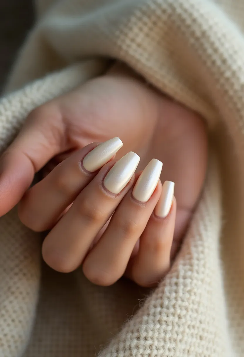 The nail design features a sleek and sophisticated look with a buttercream-like, light ivory color palette. The nails are shaped in a long, tapered coffin style, which elongates the fingers and adds a modern touch. The finish appears smooth and glossy, suggestive of a gel or shellac treatment that ensures a long-lasting shine and durability. The simplicity and elegance of this design make it versatile, fitting well with both everyday wear and special occasions. This nail style leans towards a minimalist aesthetic with its mono-color and lack of intricate patterns or decorations, perfect for a subtle yet polished appearance.